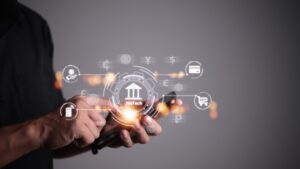 A digital image of a man using mobile fintech apps
